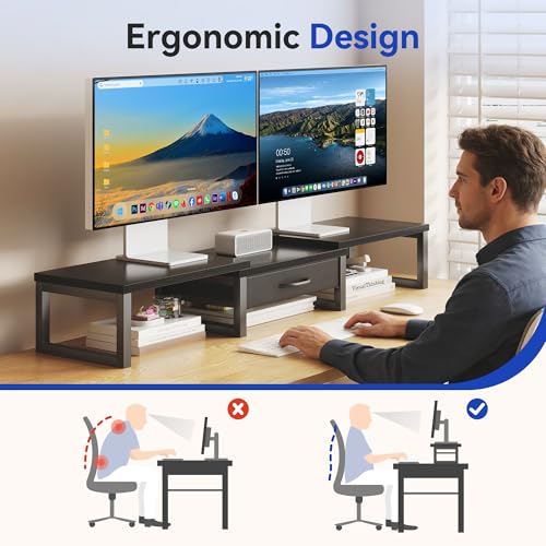 Dual Monitor Stand Riser, Desk Organizers and Accessories with Drawer, Computer Monitor Stands for Desk, Adjustable Desktop Shelf for PC Laptop Printer TV, Black