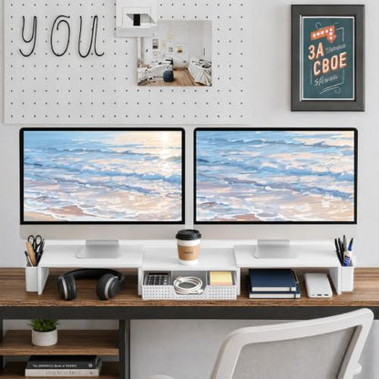 LEKETREE Dual Monitor Stand Riser with Drawer and 2 Pen Holders, White - color: White