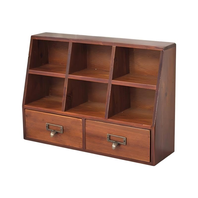 Xiaooooyez Wooden Desktop Organizer, 6 Compartments and 2 Drawers, 15.7 x 4.5 x 11 inches, Mahogany Wood Storage Cabinet