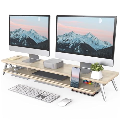 Fenge Dual Monitor Stand Riser, Wooden Desk Shelf with 2-Tier Storage | 42.5-Inch Wide, Sturdy Aluminum Legs, Built-In Phone & Tablet Slot, Desktop Organizer for Office Accessories - color: Oak, size: 42.5 Inch