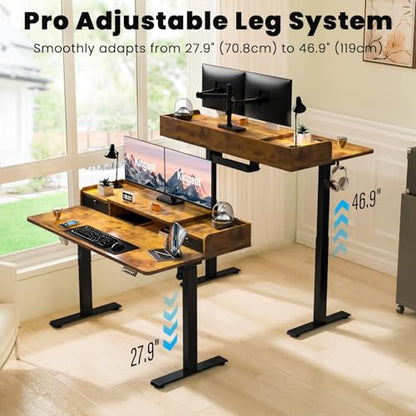 Kingant Standing Desk with Dual Drawers,Electric Height Adjustable 63"x 30" - color: Rustic Brown, size: 63" x 30"