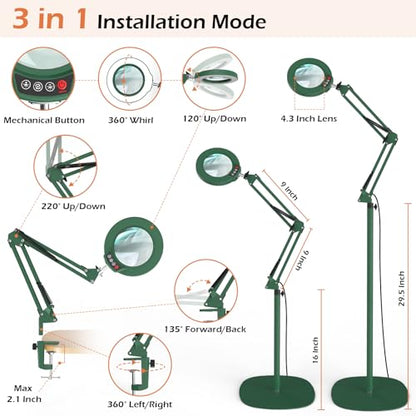12X Real Glass Magnifying Glass with Light and Stand, LED 5 Color Modes, Stepless Dimmable Magnifying Floor Lamp, 3-in-1 Adjustable Swing Arm Lighted Magnifier Lamp with Clamp for Craft - Green - color: Green