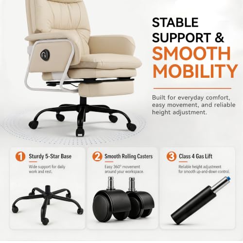 180° Reclining Office Chair with Footrest, PU Leather, Beige - color: Beige