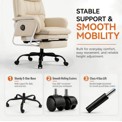 180° Reclining Office Chair with Footrest, PU Leather, Beige - color: Beige