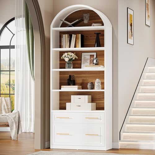 Tribesigns 76.8" Tall Arched 5-Tier Bookcase with File Cabinet Drawer - color: White