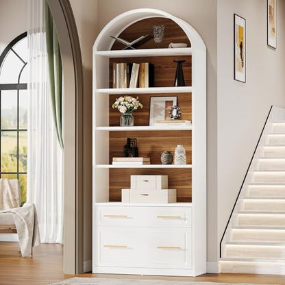 Tribesigns 76.8" Tall Arched 5-Tier Bookcase with File Cabinet Drawer - color: White