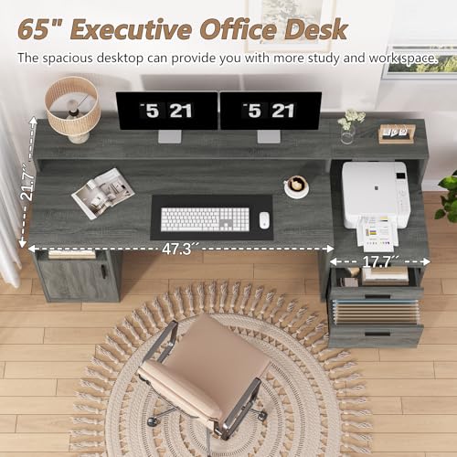 YOMILUVE 65" Computer Desk with 3 Drawers & Printer Shelf for Home Office - color: Dark Gray