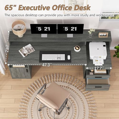 YOMILUVE 65" Computer Desk with 3 Drawers & Printer Shelf for Home Office - color: Dark Gray