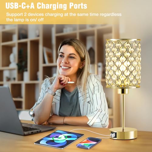 Crystal Table Lamp, Gold Touch Lamp with USB C+A Port, 3-Way Dimmable - color: Gold, size: 14.75"