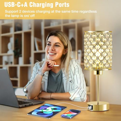 Crystal Table Lamp, Gold Touch Lamp with USB C+A Port, 3-Way Dimmable - color: Gold, size: 14.75"
