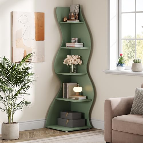 Tribesigns Wavy Corner Shelf, Modern 5-Tier Bookshelf Bookcase with Curvy Shape, Unique Plant Stand Display Rack for Living Room Small Space (Green) - color: Green