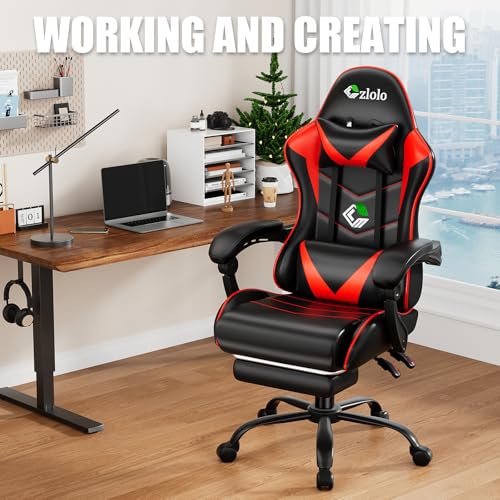 Czlolo Gaming Chair with Footrest Racing Style Lumbar Support Massager Video Game Chair with Metal Legs, High Back Reclining Gamer Chair with Headrest, 360° Swivel Office Computer Desk Chair (Red) - color: Red