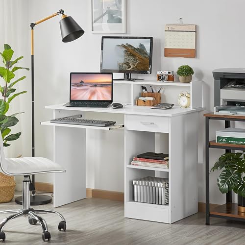 Yaheetech Computer Desk with Keyboard Tray, Drawers, and Shelves, White | This Desk Has a Pull-Out Keyboard Tray, a Drawer, and an Adjustable Open Shelf for Books, Files, and Home Office Supplies. - color: White