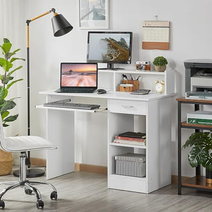 Yaheetech Computer Desk with Keyboard Tray, Drawers, and Shelves, White | This Desk Has a Pull-Out Keyboard Tray, a Drawer, and an Adjustable Open Shelf for Books, Files, and Home Office Supplies. - color: White
