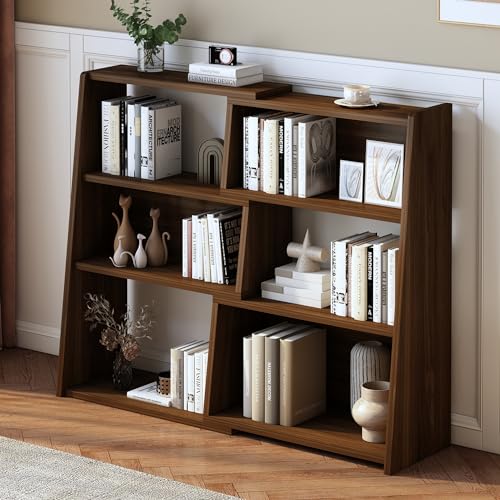 IOTXY Wooden Extendable Shelf Bookcase, 3-Tier Low Bookshelf, Walnut, S | Adjustable Two-piece Design, 6 Open Cubbies, Extends 23.6"-43.3" for Straight Walls, Corners, and Small Spaces - color: Walnut, size: Small