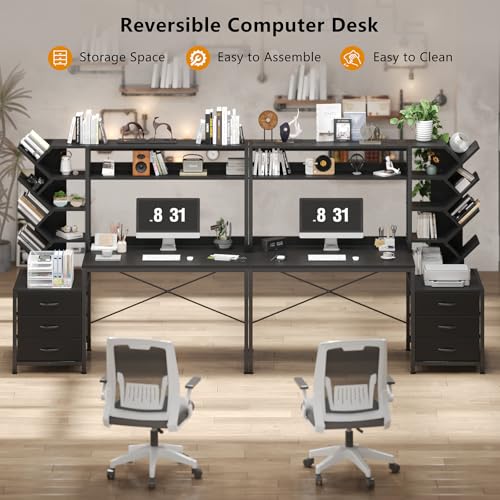 YOMILUVE 52" Computer Desk with Bookshelf, 3 Drawers ＆ Hutch for Bedroom | Black Office Desk with Printer Shelf, Study Writing Desk with Storage Shelves - color: Black