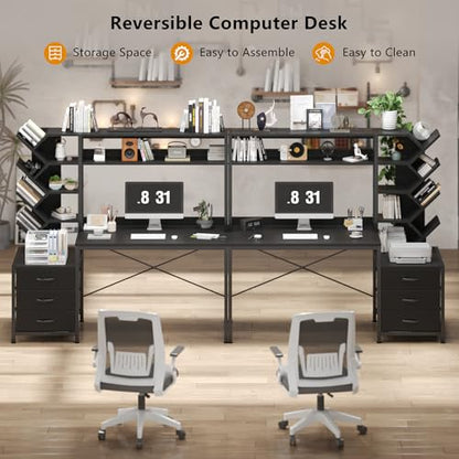 YOMILUVE 52" Computer Desk with Bookshelf, 3 Drawers ＆ Hutch for Bedroom | Black Office Desk with Printer Shelf, Study Writing Desk with Storage Shelves - color: Black