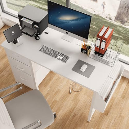 47.3" Office Desk with Power Outlet,3 Drawers,Side Pocket, Study Desk Easy to Assemble,Frame Stability Reversible for Home, Company Computer Game Table,Vanity Table, White