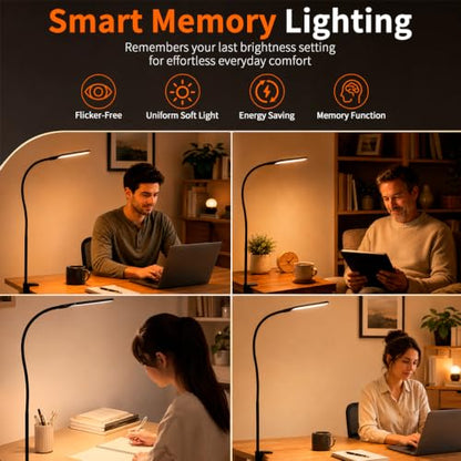 Long Gooseneck LED Clamp Desk Lamp, Eye-Caring Reading Light | Dimmable Clip on Lamp, 800LM, 3 Colors and 10 Modes, for Office Home Task