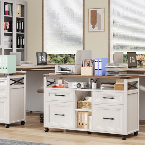 Halitaa Farmhouse Filing Cabinet with Adjustable Shelf & Wheels, Off White - color: Off White, size: 4 Drawers&Wheels