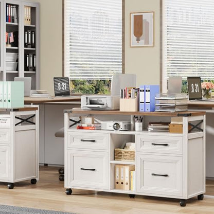 Halitaa Farmhouse Filing Cabinet with Adjustable Shelf & Wheels, Off White - color: Off White, size: 4 Drawers&Wheels