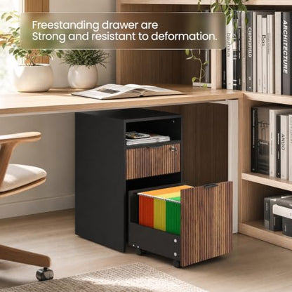 CHOEZON 2 Drawers File Cabinet with Open Storage, Black and Dark Walnut