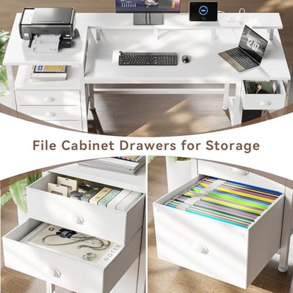 Furologee 60" White Computer Desk with 4 Drawers, Power Outlet, LED Lights - color: White, size: 60 Inch