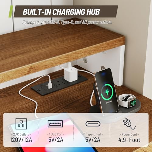 Farmhouse 63" L Shaped Standing Desk, Corner Computer Desk with Drawers, Office Desk with File Drawers with RGB Lighting & Charging Station, Monitor Stand and Storage Shelves, White and Walnut
