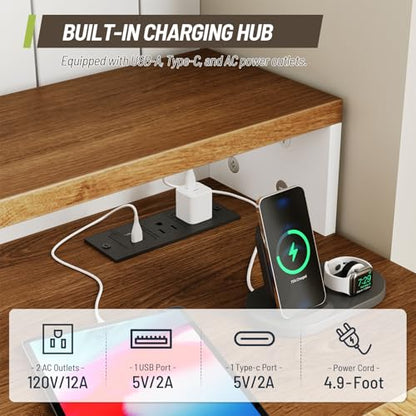Farmhouse 63" L Shaped Standing Desk, Corner Computer Desk with Drawers, Office Desk with File Drawers with RGB Lighting & Charging Station, Monitor Stand and Storage Shelves, White and Walnut