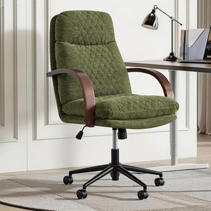 KISLOT Home Office Desk Chair, Ergonomic Office Chair with Lumbar Support, Adjustable Swivel Computer Chair with Wheels, Fabric Executive Task Chair with Wood Arms, Set of 2, Moss Green - color: Moss Green Fabric, size: Set of 2