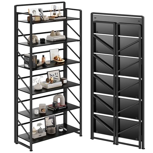 JSB No Assembly Folding Bookshelf, 6 Tier Industrial Metal Book Shelf for Storage, Vintage Wood Foldable Bookcase for Living Room, Bedroom, Office Organization Shelves - color: Black, size: 6-Tier