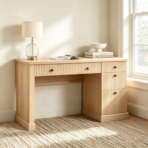 54-Inch Fluted Computer Desk with Drawers and Charging Station - color: Natural, size: 21.6"D x 54"W x 30"H