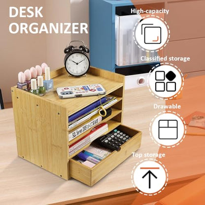 KKTONER 5-Tier Bamboo Desk Organizer with Drawer Tabletop File Organizer Document Holder with Shelf Desktop Cabinet for Home Office School Supplies (Natural)