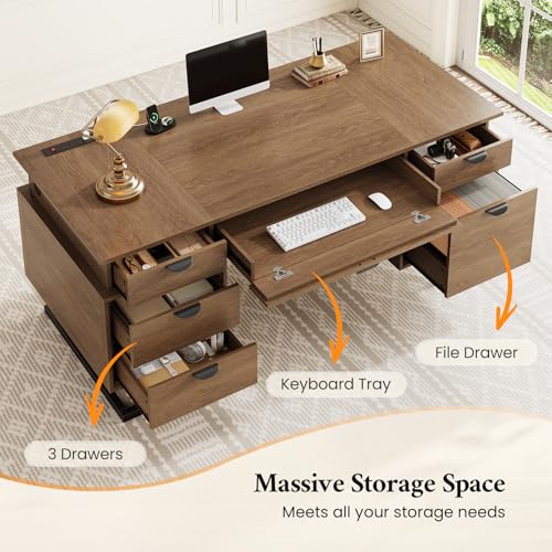 63" W x 27.6" D Executive Desk with 2 Cabinets & Power Outlet - color: Wood Grain Brown, size: Geometric Metal Legs
