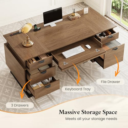 63" W x 27.6" D Executive Desk with 2 Cabinets & Power Outlet - color: Wood Grain Brown, size: Geometric Metal Legs