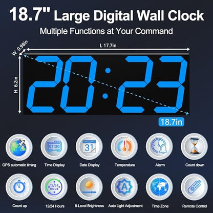CHKOSDA 18.7 Inch Large Digital Wall Clock with GPS Auto-Sync Time - Blue | 164ft Visibility, No Wi-Fi, 8-Level Dimming, Timer, Remote, Wall-Mounted, for Living Room, Office, Classroom, Garage - color: 18.7" Gps Auto-sync Wall Clock-blue