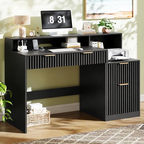 Vabches Fluted Computer Desk with Drawers, Home Office Desk with Power Outlets, Printer Stand and Storage Cabinet, Study Writing Desks with Long Monitor Stand, Black - color: Black