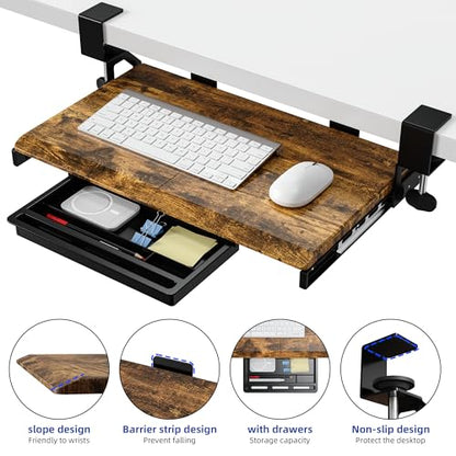 ETHU Keyboard Tray Under Desk, 19.7" X 12.2" Small Size C Clamp Keyboard Drawer Under Desk, Computer Keyboard Stand Slide Pull Out, Ergonomic Keyboard Tray for Home, Office (Wood) | Slide Out Ergonomic Keyboard Drawer, Pull Out Keyboard Tray for Home Offi