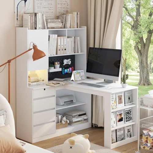 RuiSiSi 46" L Shaped Executive Desk with Hutch and Shelves, White - color: White, size: 46.06"L x 55.90"W x 62.79"H