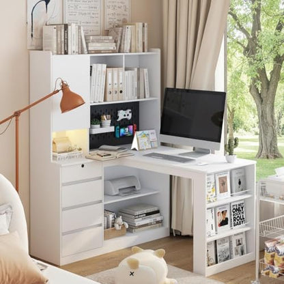RuiSiSi 46" L Shaped Executive Desk with Hutch and Shelves, White - color: White, size: 46.06"L x 55.90"W x 62.79"H