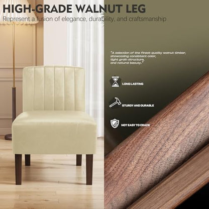 Armless Accent Chairs Set of 2 Upholstered Dining Chairs Living Room Chairs with Solid Wood Legs Bedroom Chair Leather Reading Chair Comfy Chair for Bedroom Vanity Kitchen (Beige) - color: Leather-beige