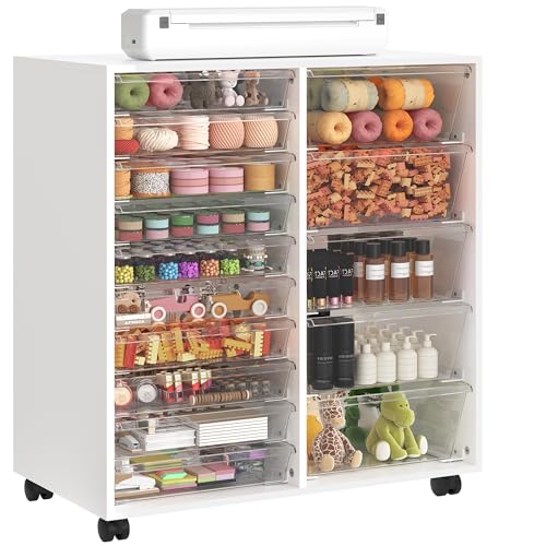 WOPITUES Mobile Storage Cabinet with 15 Clear Drawers, Modern White | Craft Cabinet with 5 Large Drawers, Cart with Wooden Tabletop, Printer Stand Home Office, Dresser Chest - color: White, size: 10M+5L