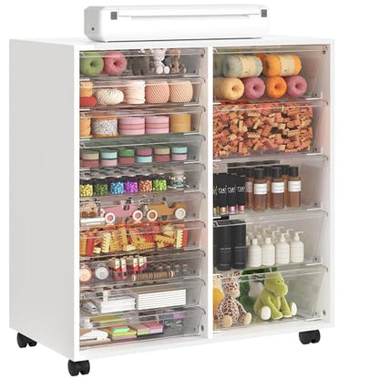 WOPITUES Mobile Storage Cabinet with 15 Clear Drawers, Modern White | Craft Cabinet with 5 Large Drawers, Cart with Wooden Tabletop, Printer Stand Home Office, Dresser Chest - color: White, size: 10M+5L