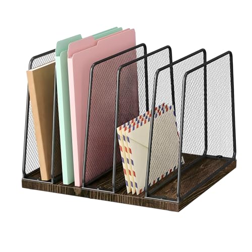 LEKETREE Desk File Organizer, 5-Section Upright File Sorter, Vertical File Folder Holder, Mesh Metal Wood Office Desktop Organization for Document, Magazine, Books and more (Wood and Black) - color: Brown and Black