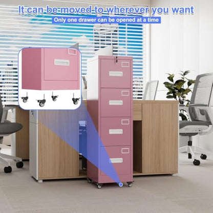 METAN 4-Drawer Pink Metal File Cabinet with Lock and Wheels | 17.7"D x 15"W x 54"H vertical cabinet with 4 full-extension drawers for letter/legal folders; assembly required - color: Pink, size: 4 Drawers-54"H