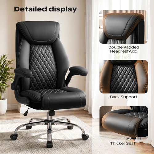 BestGlory Office Chair, Ergonomic High Back Home Office Desk Chair, Big and Tall Breathable Leather Office Chair with Lumbar Support Flip-Up Armrests, Computer Gaming Chair with Rocking Function - color: Black, style: Without Footrest