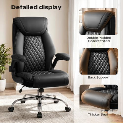 BestGlory Office Chair, Ergonomic High Back Home Office Desk Chair, Big and Tall Breathable Leather Office Chair with Lumbar Support Flip-Up Armrests, Computer Gaming Chair with Rocking Function - color: Black, style: Without Footrest