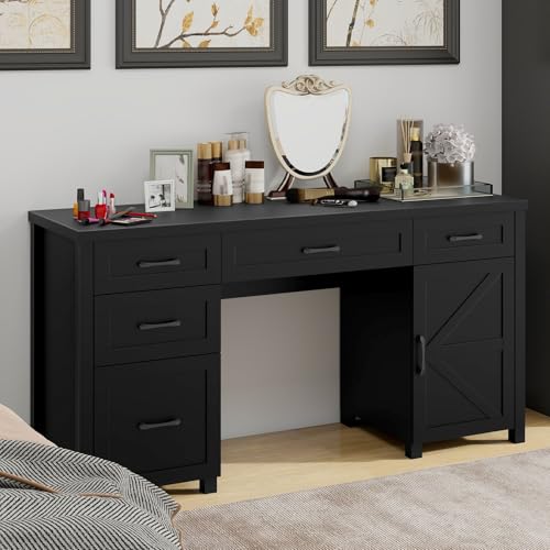 Vabches Farmhouse 61'' Executive Desk with 5 Drawers,Pure Black - color: Pure Black, size: 61" W