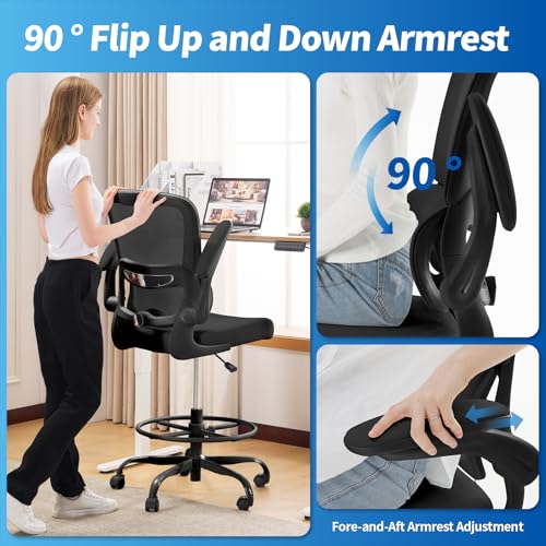 TRALT Drafting Chair - Tall Office Chair with Lumbar Support for High Desk - color: Black