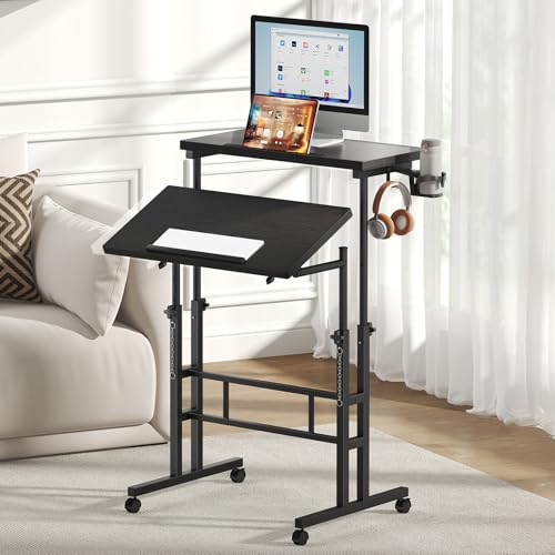 DUMOS Rolling Standing Desk, Sit Stand Desk, Computer Cart | 23.6 Inch Width, Height Adjustable, Split Top, Mobile Laptop Workstation, Office Table, Portable Design, Black - color: Black